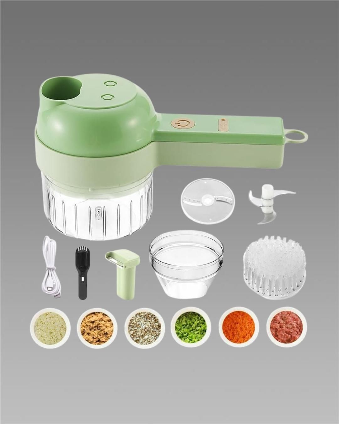 4-in-1 Portable Electric Vegetable Cutter Set – USB Rechargeable Mini Food Chopper with Slicer, Peeler & Cleaning Brush
